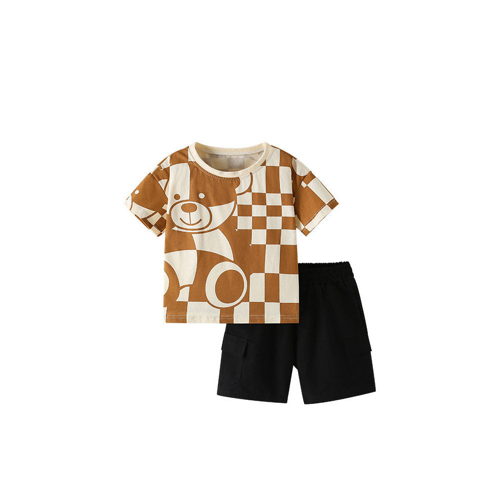 MyKids-USA® Baby Kids Casual Teddy Bear and Plaid Pattern T-shirt and Shorts Clothing Set for Boys