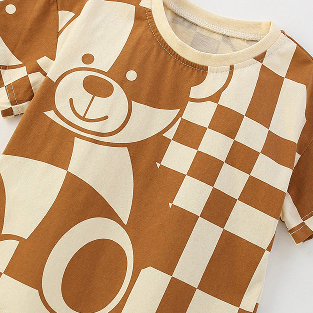 MyKids-USA® Baby Kids Casual Teddy Bear and Plaid Pattern T-shirt and Shorts Clothing Set for Boys