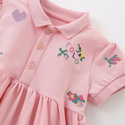 MyKids-USA® Flowers and Hearts Pattern Short Sleeves Turn-down Collar Dress for Stylish Girls
