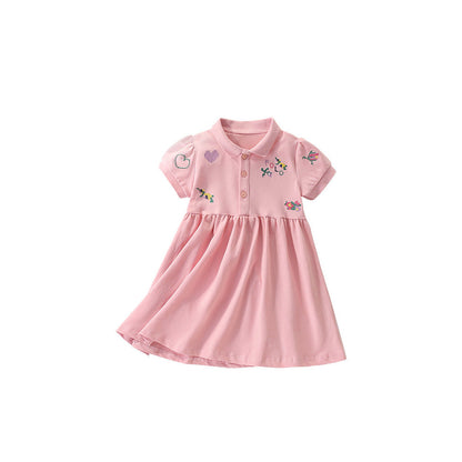 MyKids-USA® Flowers and Hearts Pattern Short Sleeves Turn-down Collar Dress for Stylish Girls