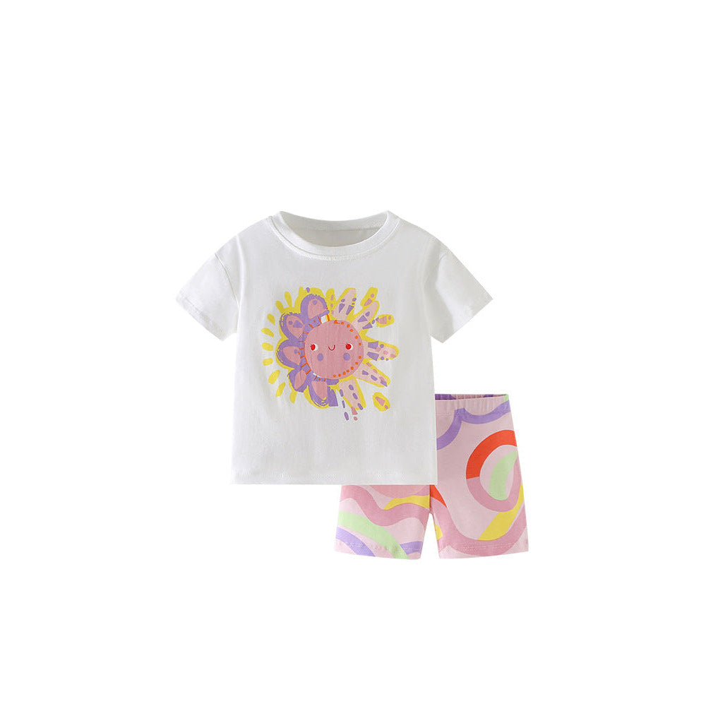 MyKids-USA® Baby Kids Cartoon Sunshine Pattern T-shirt and Striped Shorts Clothing Set for Girls