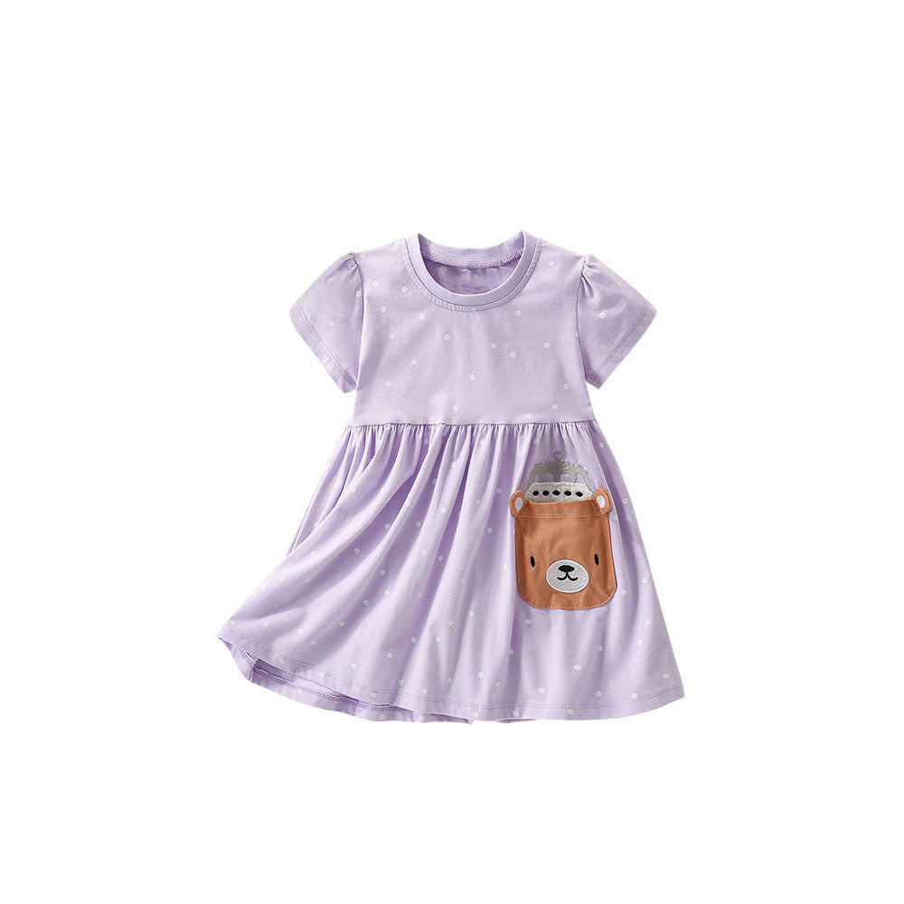 MyKids-USA® Cartoon Teddy Bear and Dots Pattern Short Sleeves Dress for Stylish Girls