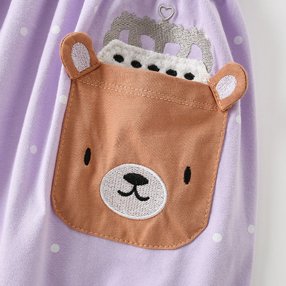 MyKids-USA® Cartoon Teddy Bear and Dots Pattern Short Sleeves Dress for Stylish Girls