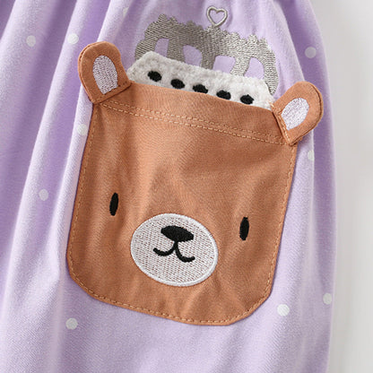 MyKids-USA® Cartoon Teddy Bear and Dots Pattern Short Sleeves Dress for Stylish Girls
