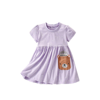 MyKids-USA® Cartoon Teddy Bear and Dots Pattern Short Sleeves Dress for Stylish Girls