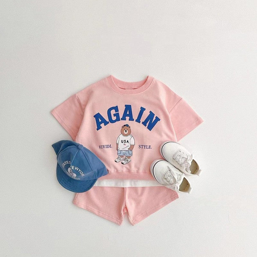 MyKids-USA® Baby Kids Unisex Casual Letters and Teddy Bear Pattern Short Sleeves Top T-shirt and Shorts Clothing Set