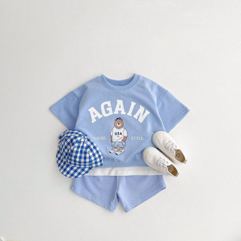 MyKids-USA® Baby Kids Unisex Casual Letters and Teddy Bear Pattern Short Sleeves Top T-shirt and Shorts Clothing Set