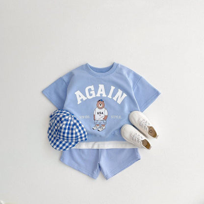 MyKids-USA® Baby Kids Unisex Casual Letters and Teddy Bear Pattern Short Sleeves Top T-shirt and Shorts Clothing Set