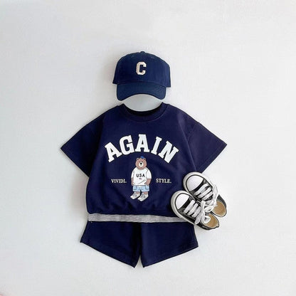 MyKids-USA® Baby Kids Unisex Casual Letters and Teddy Bear Pattern Short Sleeves Top T-shirt and Shorts Clothing Set