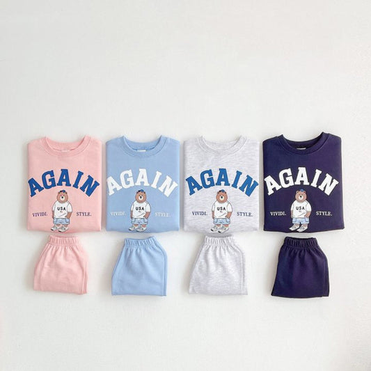 MyKids-USA® Baby Kids Unisex Casual Letters and Teddy Bear Pattern Short Sleeves Top T-shirt and Shorts Clothing Set