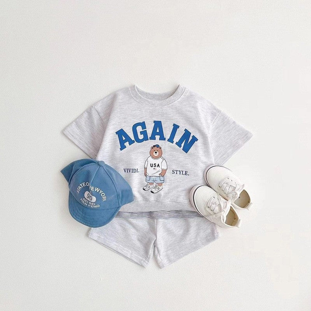 MyKids-USA® Baby Kids Unisex Casual Letters and Teddy Bear Pattern Short Sleeves Top T-shirt and Shorts Clothing Set