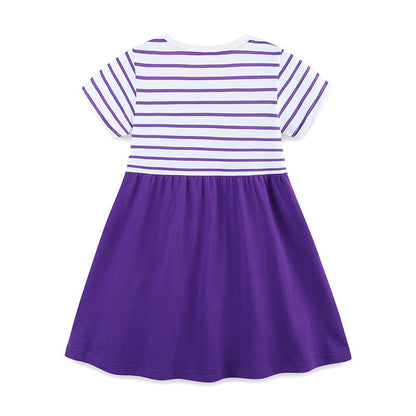 MyKids-USA® Colorful Animals Pattern Short Sleeves Striped Dress for Stylish Girls
