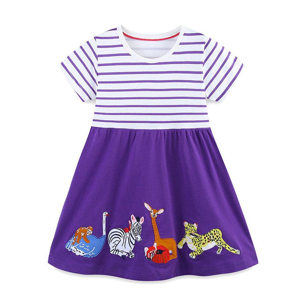 MyKids-USA® Colorful Animals Pattern Short Sleeves Striped Dress for Stylish Girls