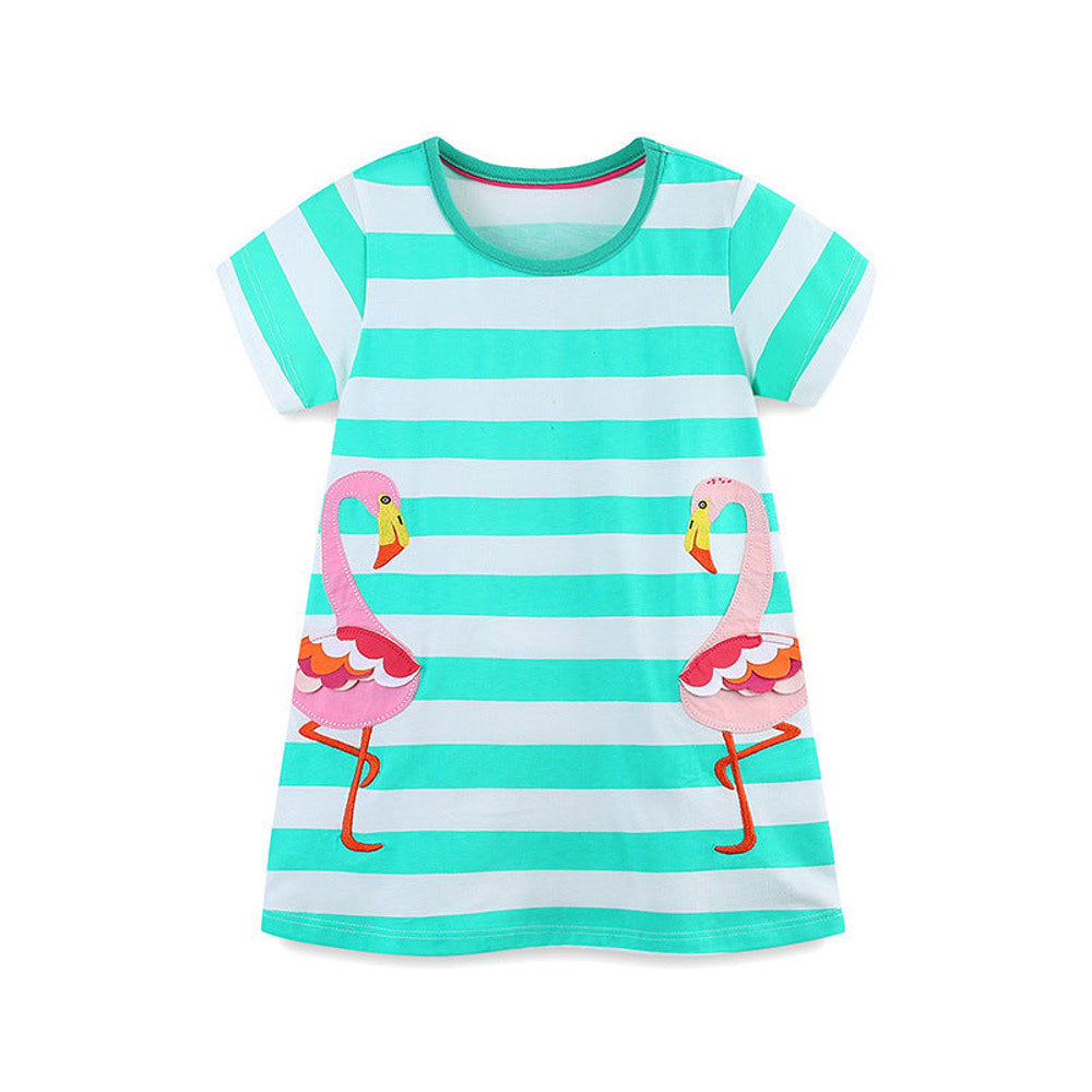 MyKids-USA® Cotton Animals Pattern Short Sleeves Striped Dress for Stylish Girls
