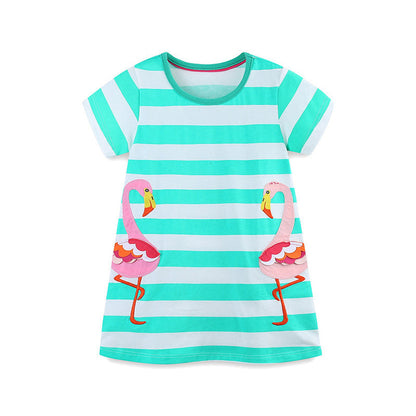 MyKids-USA® Cotton Animals Pattern Short Sleeves Striped Dress for Stylish Girls