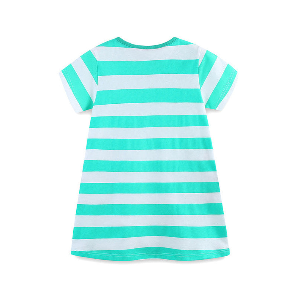 MyKids-USA® Cotton Animals Pattern Short Sleeves Striped Dress for Stylish Girls