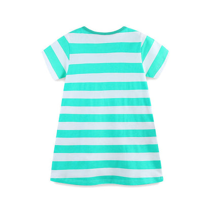MyKids-USA® Cotton Animals Pattern Short Sleeves Striped Dress for Stylish Girls