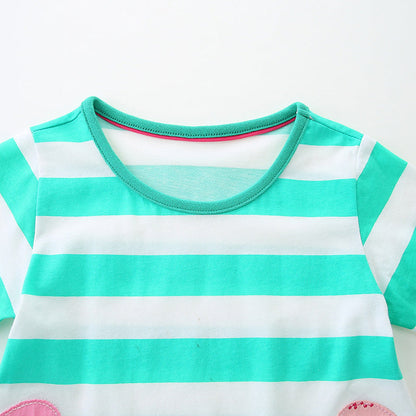 MyKids-USA® Cotton Animals Pattern Short Sleeves Striped Dress for Stylish Girls
