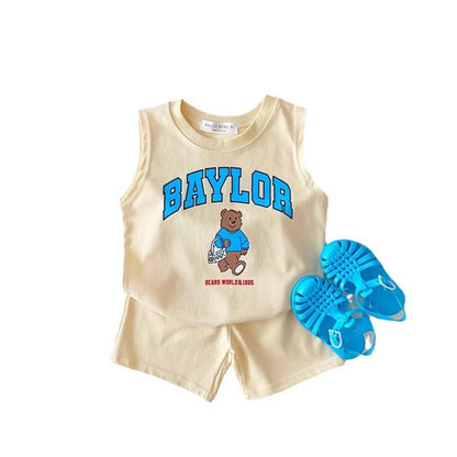 MyKids-USA® Baby Kids Unisex Casual Letters and Teddy Bear Pattern Sleeveless Top Vest and Shorts Clothing Set