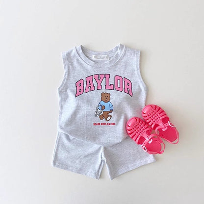 MyKids-USA® Baby Kids Unisex Casual Letters and Teddy Bear Pattern Sleeveless Top Vest and Shorts Clothing Set