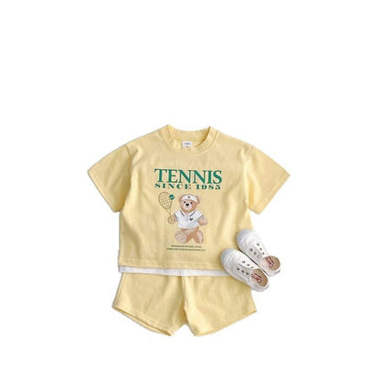 MyKids-USA® Baby Kids Unisex Casual Letters and Teddy Bear Pattern Short Sleeves Top Shirt and Shorts Clothing Set