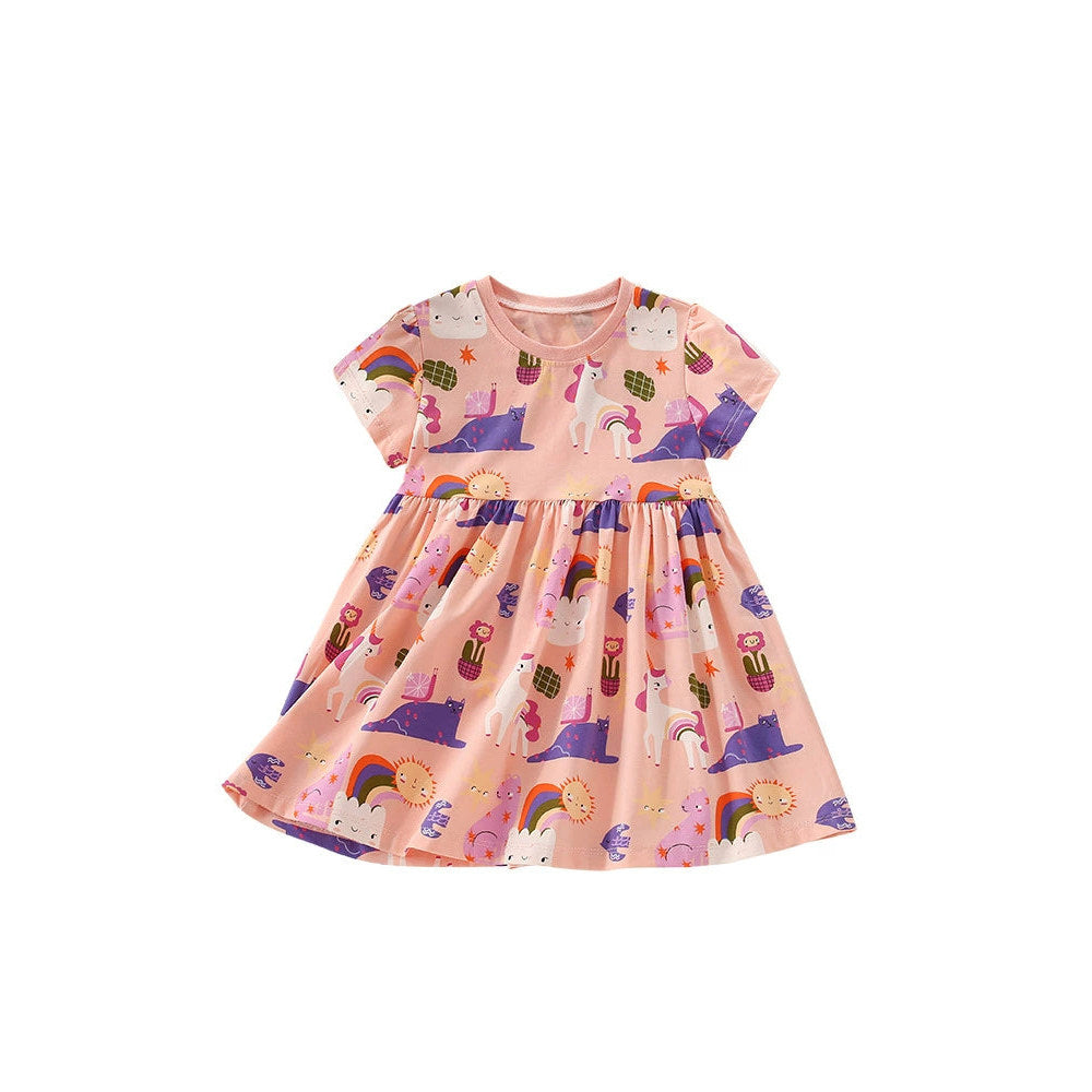 MyKids-USA® Cartoon Unicorns Pattern Short Sleeves Dress for Stylish Girls