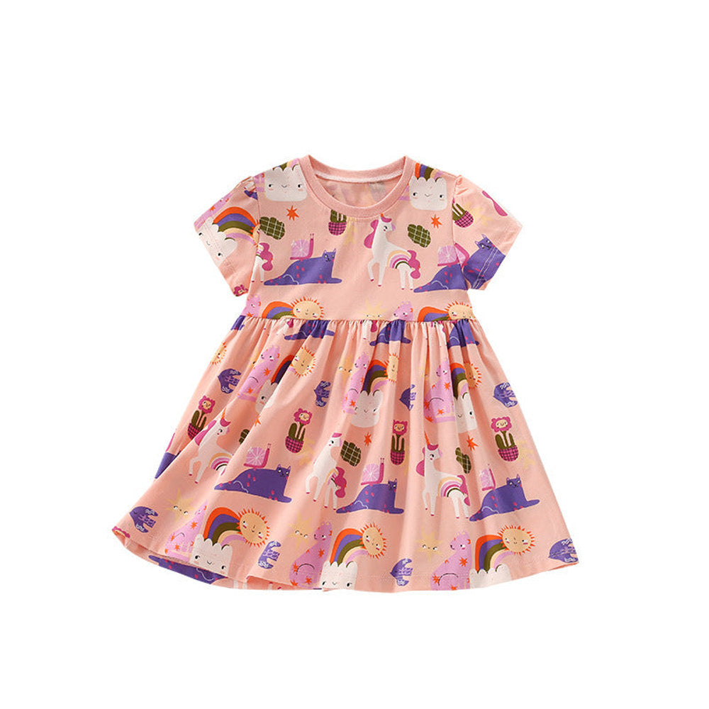 MyKids-USA® Cartoon Unicorns Pattern Short Sleeves Dress for Stylish Girls