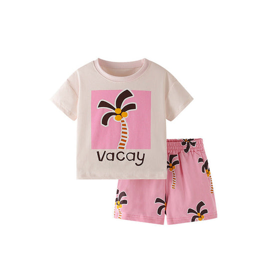 MyKids-USA® Baby Kids Cartoon Coconut Palm Pattern T-shirt and Pink Shorts Clothing Set for Girls