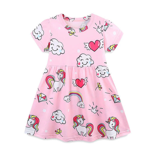 MyKids-USA® Summer Arrival Colorful Rainbows and Unicorns Pattern Short Sleeves Dress for Stylish Girls