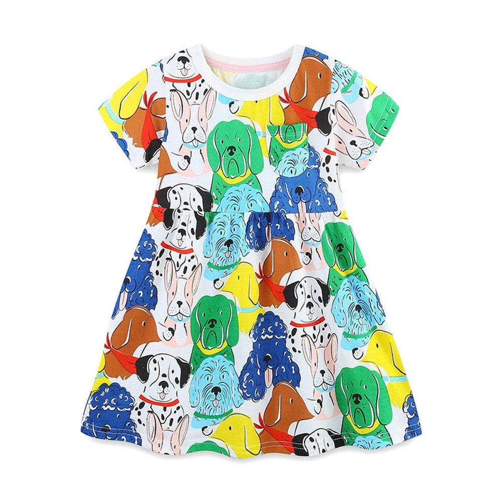 MyKids-USA® Colorful Puppy Dogs Pattern Short Sleeves Dress for Stylish Girls