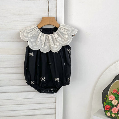 MyKids-USA® Baby Girls French-style Flowers Pattern Collar Sleeveless Butterfly-bows Embroidered bodysuit or Dress – Princess Sister Matching