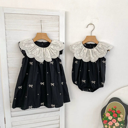 MyKids-USA® Baby Girls French-style Flowers Pattern Collar Sleeveless Butterfly-bows Embroidered bodysuit or Dress – Princess Sister Matching