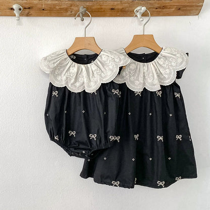 MyKids-USA® Baby Girls French-style Flowers Pattern Collar Sleeveless Butterfly-bows Embroidered bodysuit or Dress – Princess Sister Matching