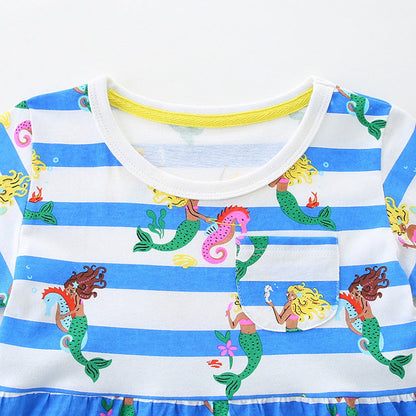 MyKids-USA® Mermaids Cartoon Pattern Short Sleeves Dress for Stylish Girls