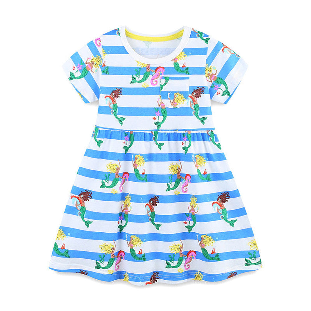 MyKids-USA® Mermaids Cartoon Pattern Short Sleeves Dress for Stylish Girls