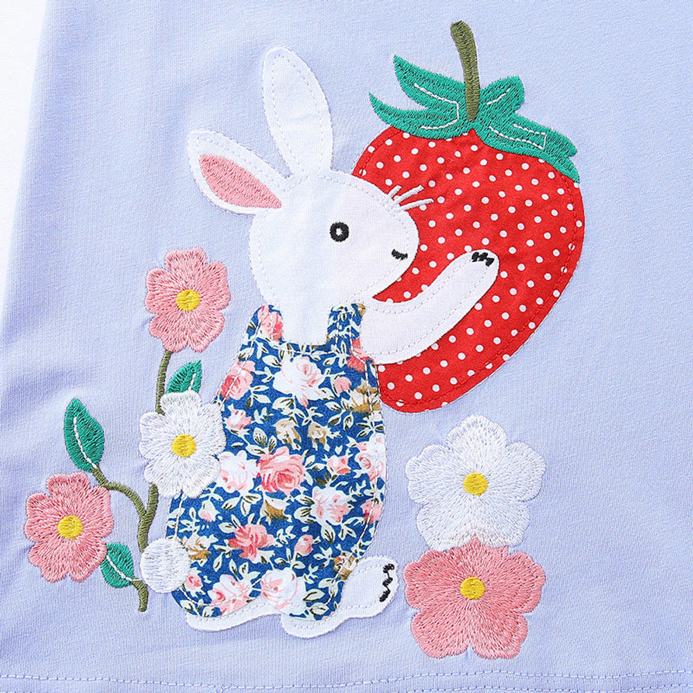 MyKids-USA® Rabbit and Strawberry Cartoon Pattern Short Sleeves Dress for Stylish Girls