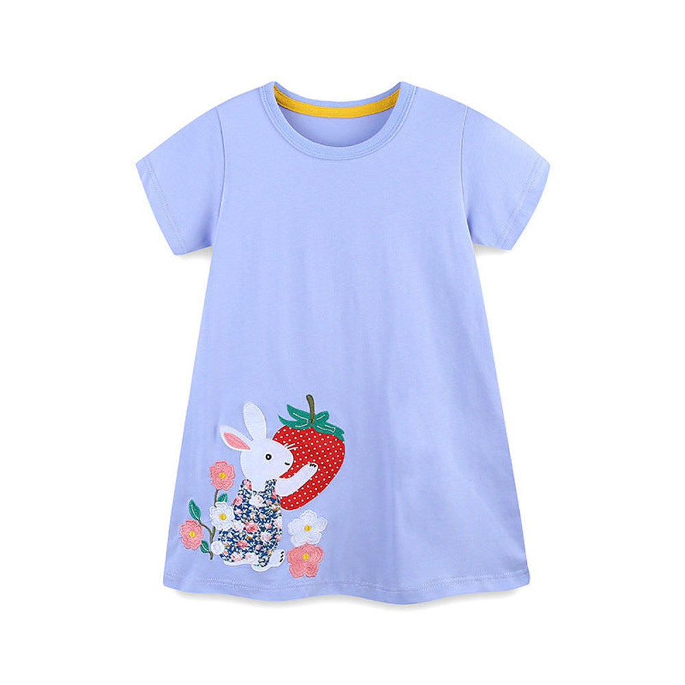 MyKids-USA® Rabbit and Strawberry Cartoon Pattern Short Sleeves Dress for Stylish Girls
