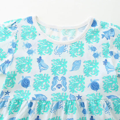 MyKids-USA® Marine Animals Pattern Short Sleeves Dress for Stylish Girls