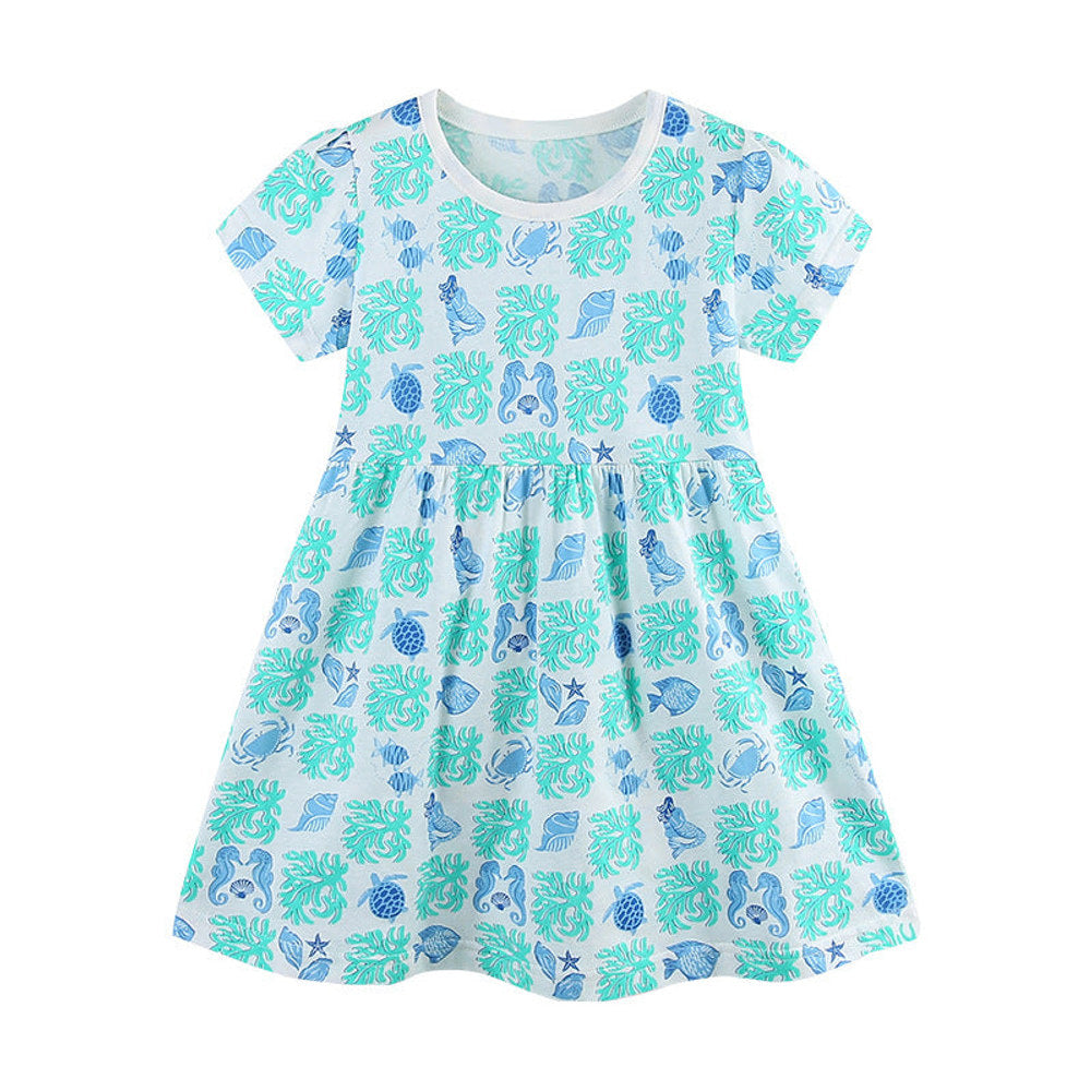 MyKids-USA® Marine Animals Pattern Short Sleeves Dress for Stylish Girls