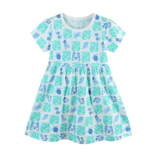 MyKids-USA® Summer Arrival Marine Animals Pattern Short Sleeves Dress for Stylish Girls