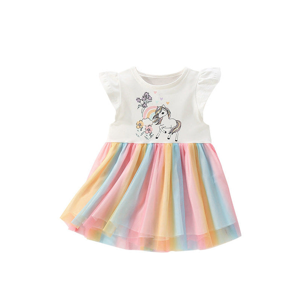 MyKids-USA® Animals and Flowers Cartoon Pattern Fly Sleeves Tulle Patchwork Dress for Stylish Girls