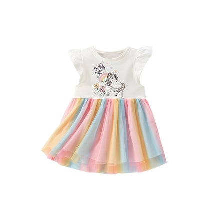 MyKids-USA® Animals and Flowers Cartoon Pattern Fly Sleeves Tulle Patchwork Dress for Stylish Girls