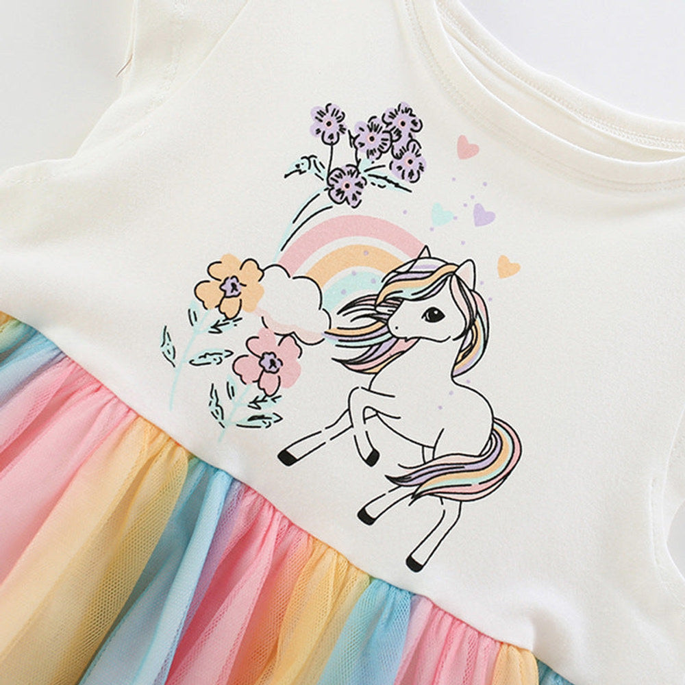 MyKids-USA® Animals and Flowers Cartoon Pattern Fly Sleeves Tulle Patchwork Dress for Stylish Girls