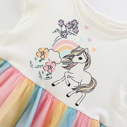 MyKids-USA® Animals and Flowers Cartoon Pattern Fly Sleeves Tulle Patchwork Dress for Stylish Girls
