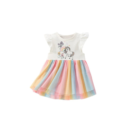 MyKids-USA® Animals and Flowers Cartoon Pattern Fly Sleeves Tulle Patchwork Dress for Stylish Girls