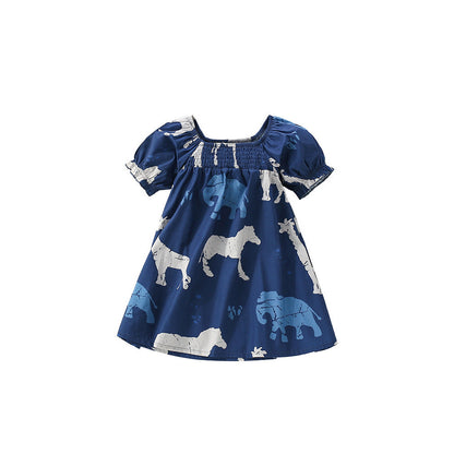 MyKids-USA® Animals Pattern Short Sleeves Square Neck Dress for Stylish Girls