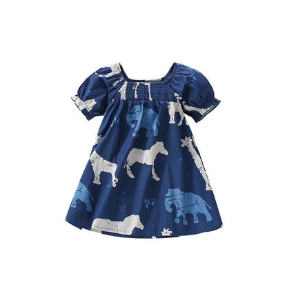 MyKids-USA® Animals Pattern Short Sleeves Square Neck Dress for Stylish Girls