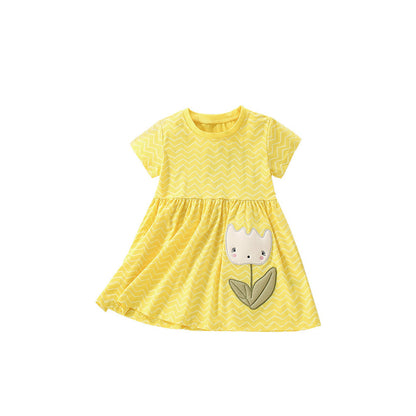 MyKids-USA® Cartoon Flowers Pattern Short Sleeves Crew Neck Striped Dress for Stylish Girls