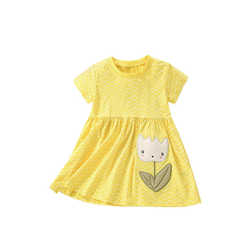 MyKids-USA® Cartoon Flowers Pattern Short Sleeves Crew Neck Striped Dress for Stylish Girls