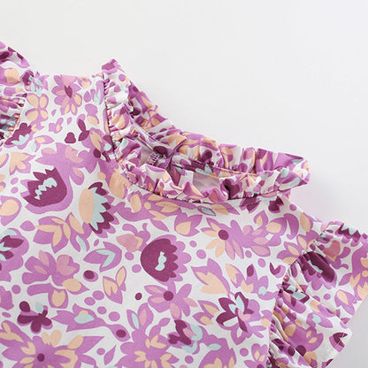 MyKids-USA® Purple Flowers Pattern Fly Sleeves Ruffle Neck Dress for Stylish Girls